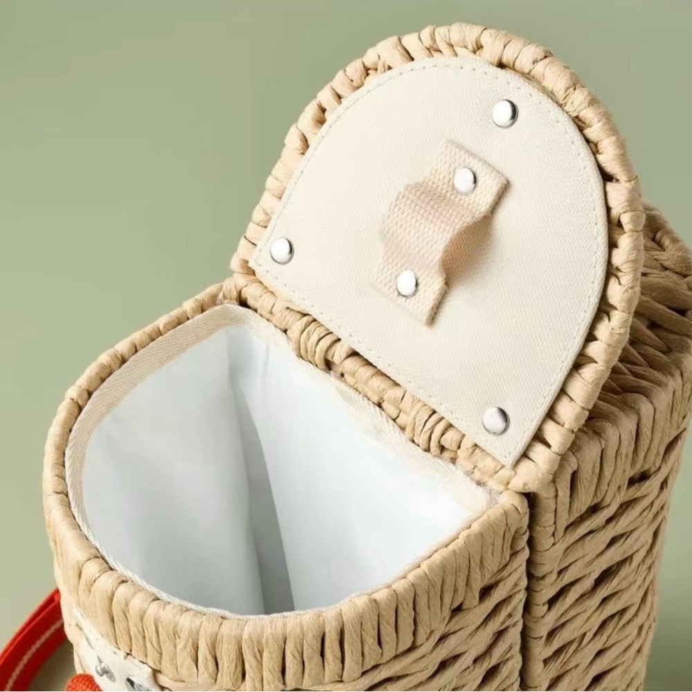 Hearth and Hand Woven Wicker Wine Basket Bottle Carrier Bag Red Strap & Glasses - Picture 5 of 6